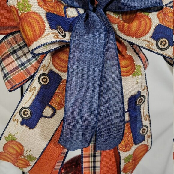Blue Pumpkin Truck w/Plaid Lantern Bow, Summer Fall Bow, Farmhouse Welcome Bow - Picture 5 of 6